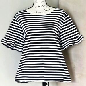 J Crew Black & White Striped Ruffle Sleeve 100% Cotton Tshirt Blouse EUC